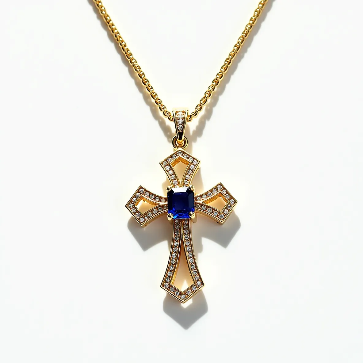 This diamond cross necklace features a stunning central sapphire cut in an emerald shape, set in a symmetrical gold cross design. Surrounding the sapphire is a series of small round diamonds, accentuating the geometric edges of the cross. The diamonds are set within a gold framework that highlights the elegance of the piece. The necklace is attached to a delicate gold chain via a matching gold bail that seamlessly integrates with the cross design. The combination of gold, diamond, and sapphire creates a luxurious and classic aesthetic perfect for formal occasions.