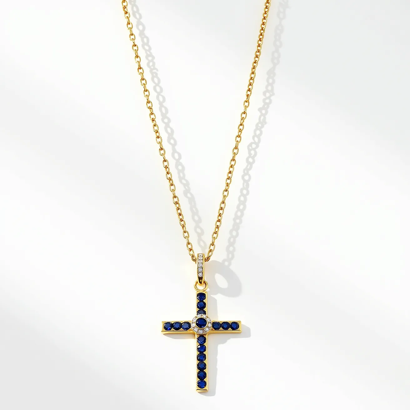 This diamond cross necklace features a striking combination of materials and gems. The necklace showcases a gold chain, which supports a cross pendant adorned with deep blue stones, likely sapphires, arranged in a linear pattern on the vertical and horizontal arms of the cross. The center of the cross is distinguished by a larger, round-cut stone encircled by a halo of small, clear diamond-like stones, enhancing its brilliance. The stones appear to be set in a classic prong setting, which secures each gem while allowing maximum light to enhance their sparkle. The necklace is completed with a discrete gold clasp, ensuring both security and style in its design.