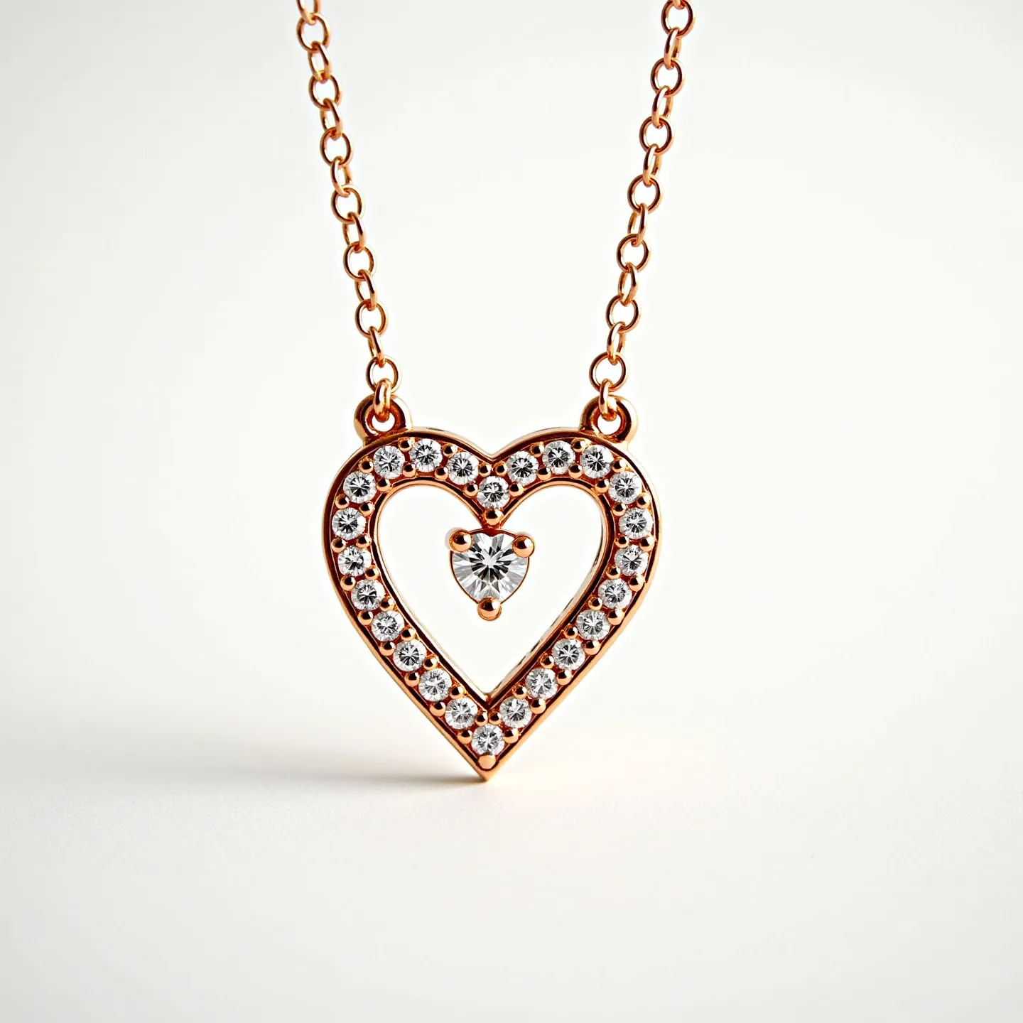 This diamond heart necklace features a heart-shaped pendant encrusted with small, round-cut diamonds set in a symmetrical pattern. The pendant is crafted from a rose gold material, which beautifully complements the brilliance of the diamonds. At the center of the heart is a larger, heart-shaped diamond, securely held in place by a prong setting. The necklace is suspended from a delicate rose gold chain connected to the pendant by two small loops at the top of the heart. The overall design exudes elegance and distinction, making it a timeless piece of jewelry.