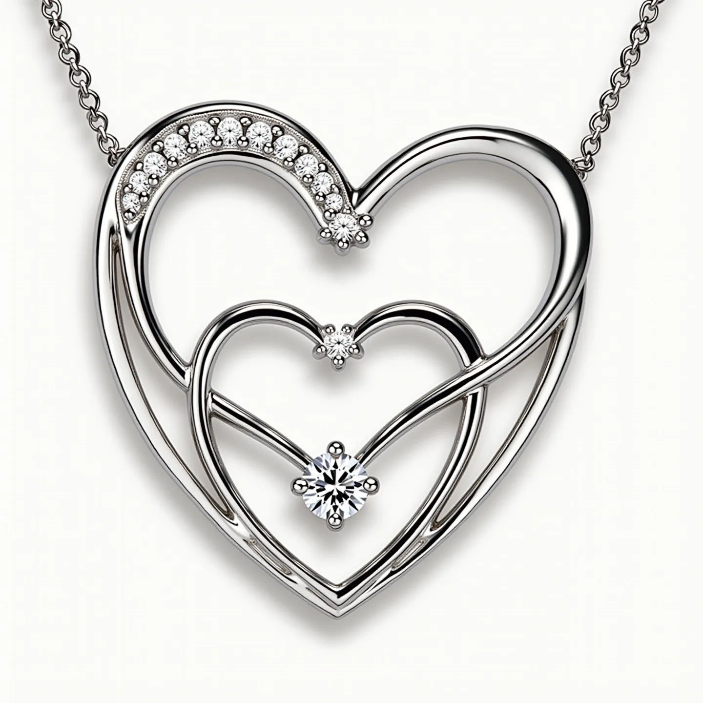 This diamond heart necklace features two intertwined heart-shaped pendants crafted from a polished metallic material, likely white gold or platinum. The larger heart is adorned with a series of small, round-cut diamonds set along one side, adding a sparkling accent. The smaller heart in the center has a prominent central diamond, also round-cut, set in a prong setting that enhances its brilliance. The pendant is attached to a delicate chain, which is likely made from the same metal as the pendant, completing the elegant and cohesive design.