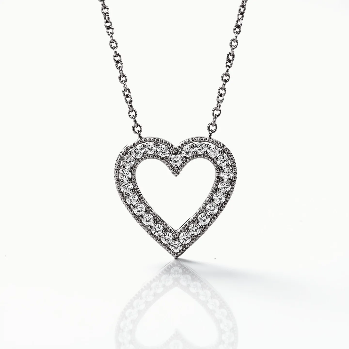 This diamond heart necklace features a delicately crafted heart-shaped pendant encrusted with small, round-cut diamonds, which are meticulously set in a pave style to create a continuous shimmer across its surface. The metal, likely white gold or platinum, complements the diamonds beautifully, enhancing the overall brilliance and elegance. The pendant is suspended from a fine chain, secured by a clasp designed to ensure comfort and durability. Each element of this necklace, from the sparkling diamonds to the polished metal, is designed to signify timeless elegance and sophistication.