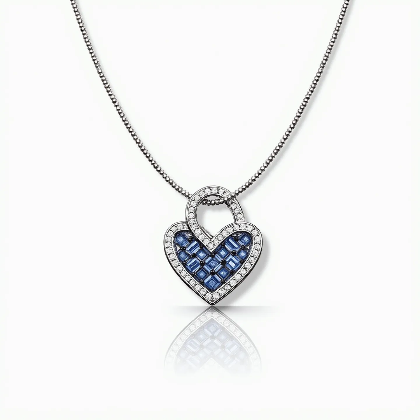 This diamond heart necklace features a heart-shaped pendant adorned with a combination of brilliant white diamonds and striking blue sapphires. The pendant consists of a lattice of square-cut blue sapphires set within a frame of sparkling round diamonds. The diamonds are secured in a pave setting that enhances their brilliance. The heart shape itself exudes elegance and is elegantly integrated with a loop for attachment to the necklace chain. The chain appears to be composed of a smooth, polished metal, likely white gold or platinum, complementing the stones' brilliance. The necklace is fastened with a secure clasp, ensuring both beauty and functionality.