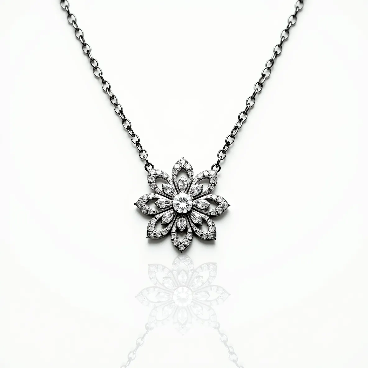 This diamond necklace features a striking floral pendant design, crafted with a combination of gleaming metal, likely white gold or platinum, and accented by round brilliant-cut diamonds. The center of the pendant showcases a prominent solitaire diamond, surrounded by petal-like shapes each adorned with smaller diamonds in a pavé setting, enhancing the overall sparkle. The pendant is seamlessly attached to a delicate chain, which may also be made from a matching white metal. The necklace appears to use a simple clasp mechanism, ensuring both security and elegance, making it a timeless addition to any jewelry collection.