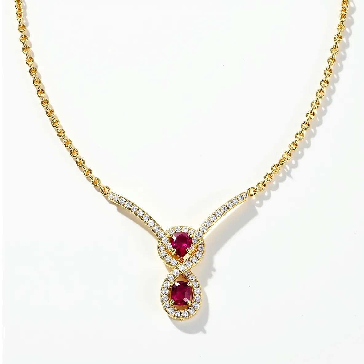 This diamond necklace features a striking infinity design, crafted with a gold chain that complements the overall elegance. The centerpiece includes two prominent, oval-cut red gemstones nestled within the loops of the infinity symbol, surrounded by numerous round-cut diamonds that accentuate their brilliance. The diamonds are meticulously set along the curves of the infinity shape, enhancing the luxurious appeal. The necklace likely has a secure clasp to ensure stability and ease of wear, aligning with its sophisticated look and high-quality materials.