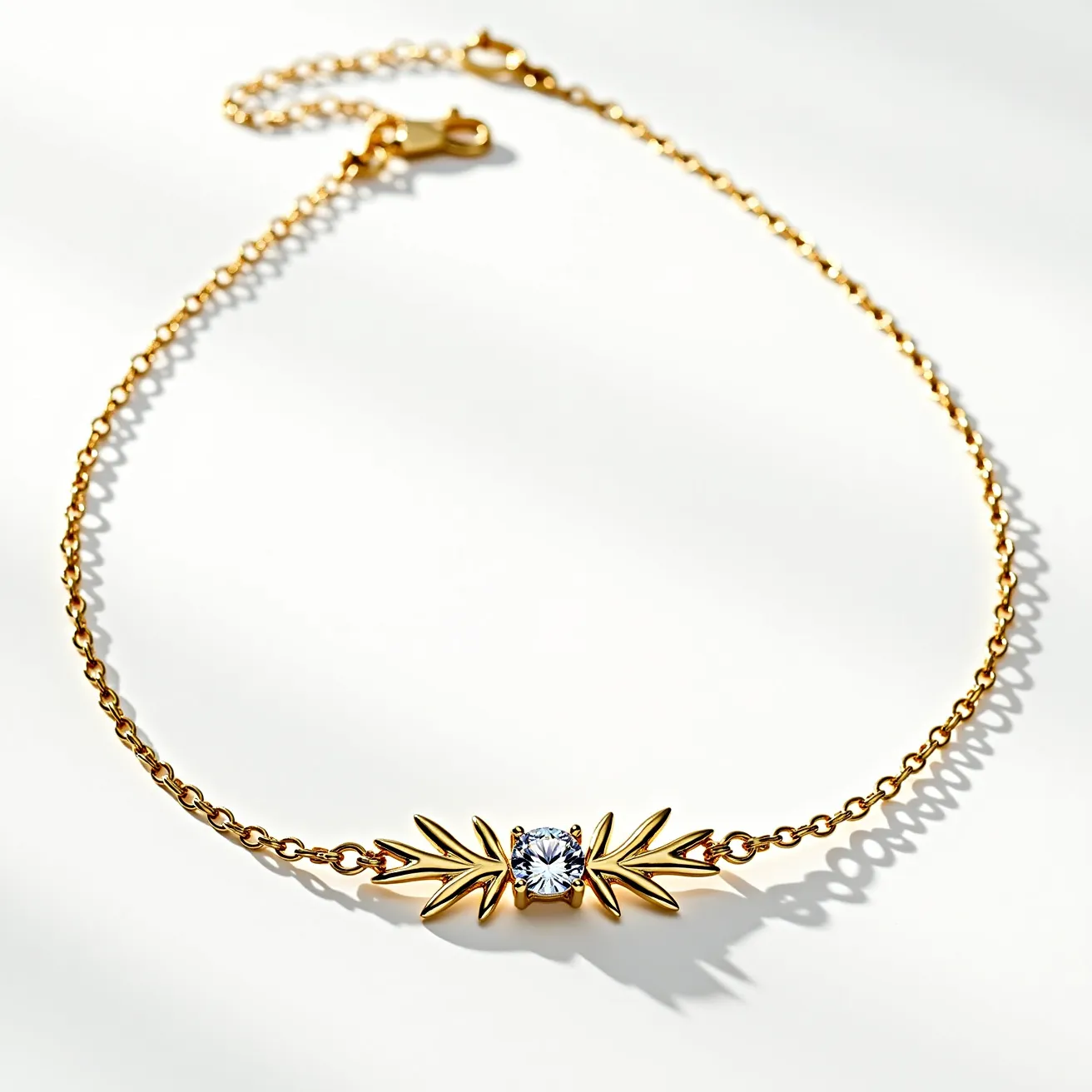 This diamond necklace features a delicate gold chain and showcases a single, prominent diamond at its center. The diamond appears to be round-cut, set in a prong setting that highlights its brilliance and clarity. The central diamond is accentuated by a unique gold design that resembles stylized leaf motifs, adding an elegant and artistic touch to the piece. The necklace is secured with a lobster clasp, ensuring both functionality and durability. The combination of gold and diamond creates a classic and timeless aesthetic.