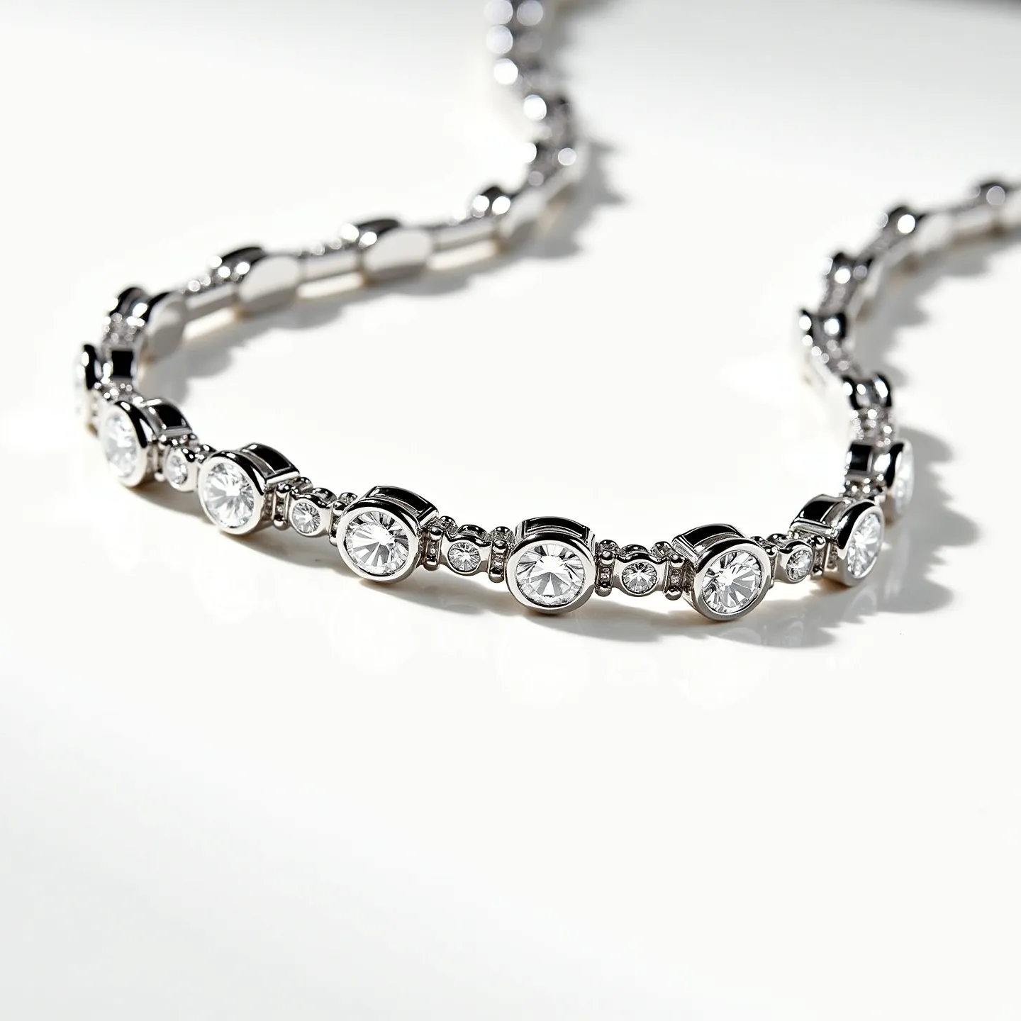 This diamond tennis necklace is crafted with a series of round-cut diamonds, each securely set in bezel settings that are evenly spaced along a sleek metal chain, likely made of white gold or platinum for a polished and elegant appearance. The diamonds are consistently sized, contributing to a uniform and continuous sparkle throughout the necklace. The sophisticated design likely includes a clasp mechanism for secure fastening, ensuring both functionality and style. The overall construction highlights the brilliance of the diamonds, making for a classic and timeless piece of jewelry.