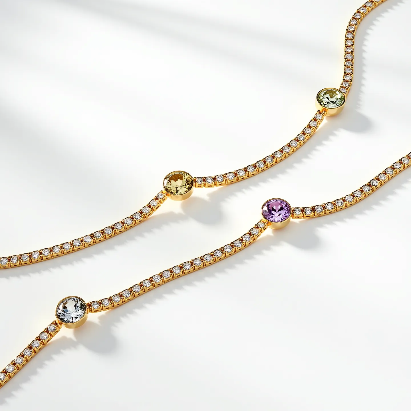 This diamond tennis necklace features a series of round-cut diamonds set in a sleek, continuous line that exudes elegance and sophistication. The diamonds are secured in a yellow gold setting, enhancing their brilliance and offering a classic contrast. Interspersed among the diamonds are larger, colored gemstones—each in a bezel setting—that add vibrant pops of color; notable hues include purple, yellow, green, and a clear stone, suggesting a variety of gemstones such as amethyst, citrine, peridot, and topaz. The necklace is connected with a secure clasp, ensuring it remains comfortably in place when worn. The combination of precious metals and stones in this piece exudes luxury and timeless appeal.