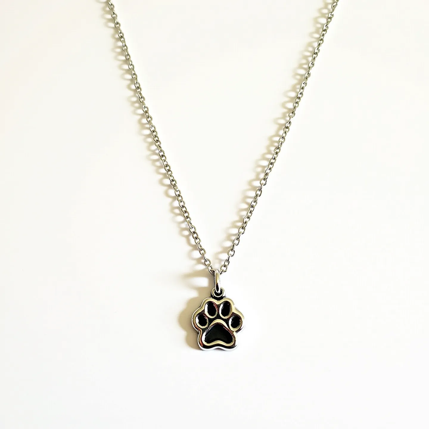 This dog necklace features a charming pendant in the shape of a paw print, crafted from a shiny metallic material, likely stainless steel or silver, which offers durability and a polished finish. The paw print design includes black enamel detailing that adds contrast and depth to the piece. The necklace's chain appears to be a simple yet elegant link chain, complementing the understated design of the pendant. The pendant is securely attached to the chain with a small loop. The necklace is secured with a standard lobster clasp, providing both functionality and ease of use. Overall, this piece combines playful design with practical elements.