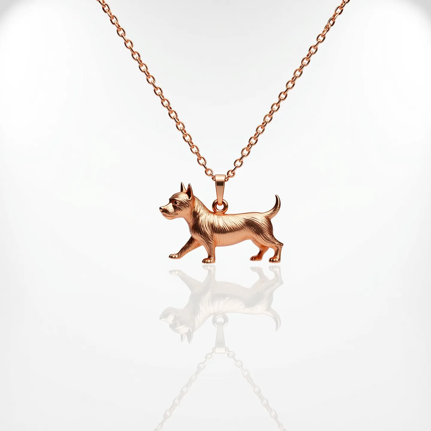 This dog necklace features a charming pendant shaped like a dog, crafted from a shiny rose gold material, giving it a warm and appealing look. The pendant hangs from a delicate rose gold chain, which is composed of small, evenly linked loops contributing to its elegant appearance. There are no visible gems set within the pendant itself, allowing the craftsmanship of the dog's shape to take center stage. The pendant is attached to the chain by a simple loop at the top, providing a secure and streamlined design. Overall, the necklace exudes a blend of simplicity and sophistication, making it a lovely accessory for dog lovers.