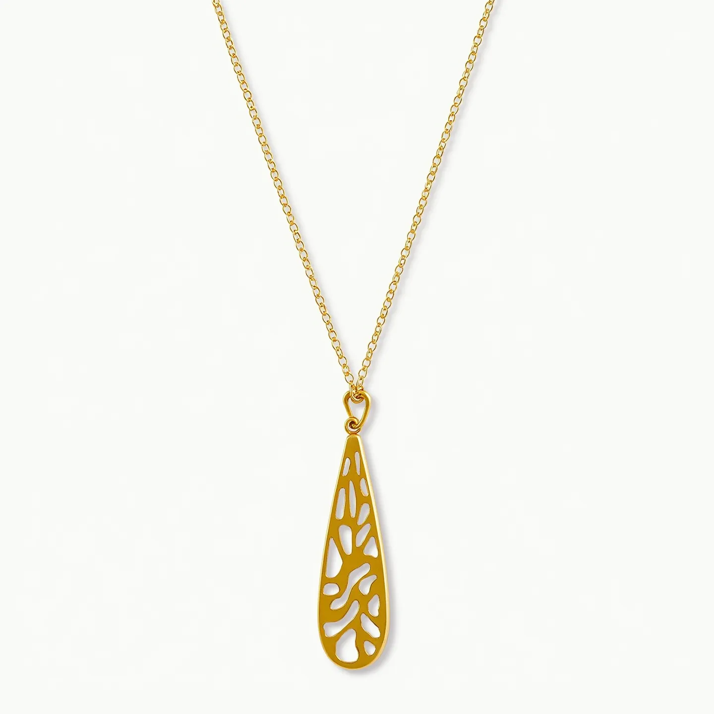 This drop necklace features a delicate chain and a distinctive teardrop-shaped pendant crafted from gold-toned metal. The pendant showcases an intricate openwork design, adding an elegant and artistic touch to the piece. The chain appears to be composed of small, uniformly linked segments, enhancing the overall finesse of the necklace. The pendant is attached via a simple loop connection. The necklace is likely secured with a conventional spring ring clasp, offering ease of wear while maintaining the aesthetic appeal.