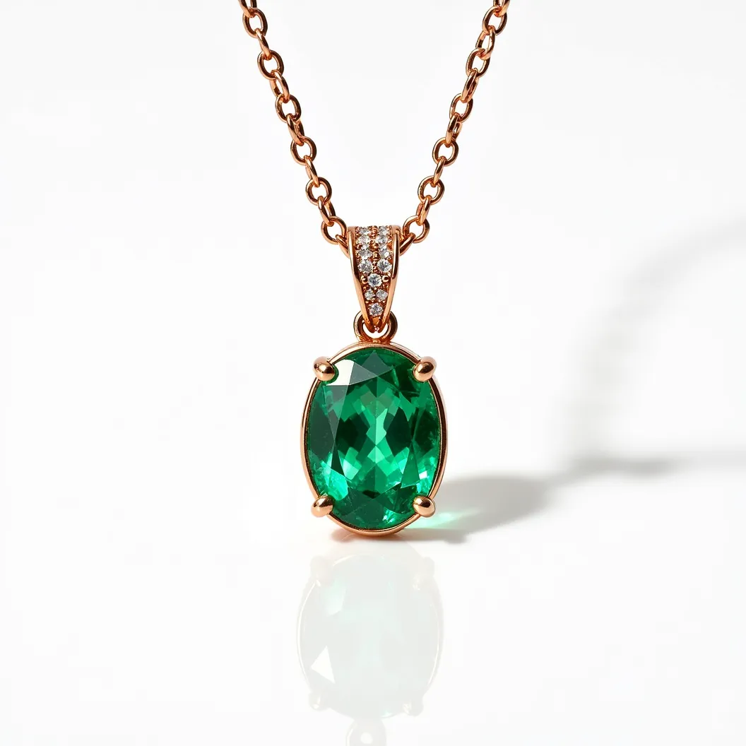 This emerald necklace features an exquisite oval-shaped emerald gemstone as its centerpiece, showcasing a vivid green hue and a brilliant cut that enhances its sparkle. The emerald is securely set in a four-prong setting made of what appears to be gold, which complements its rich color. Above the emerald, the pendant includes a decorative gold bail adorned with small, round-cut diamonds that add a touch of elegance and sophistication. The necklace is attached to a delicate chain, likely also made of gold, which blends seamlessly with the bail and setting, ensuring a cohesive and luxurious appearance.