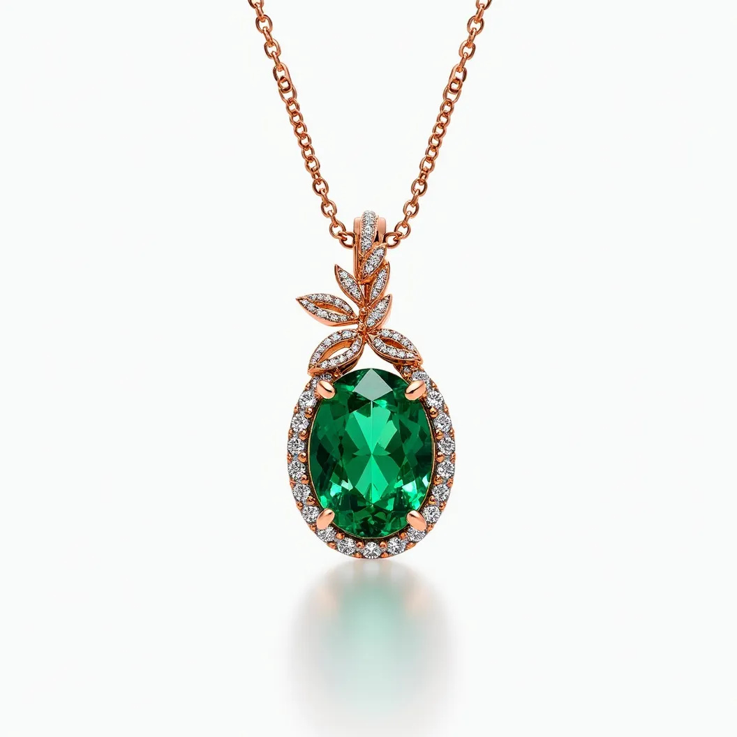 This emerald necklace features a striking oval-cut emerald as the centerpiece, surrounded by a halo of round-cut diamonds that enhance its brilliance. The emerald is held securely in place by prongs crafted from a presumably gold setting, which complements the other metallic elements of the necklace. Above the emerald, a decorative element shaped like leaves is also encrusted with small diamonds, adding an elegant touch to the design. The chain appears to be made of rose gold, with links that offer both strength and aesthetic appeal. The necklace is finished with a convenient lobster clasp for secure attachment.