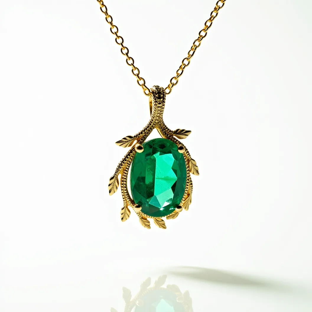 This emerald necklace features a stunning oval-cut emerald at its center, beautifully showcased in a gold setting. The gold setting incorporates intricate designs, resembling branches with leaves, that gracefully encircle the gem. The chain, also crafted from gold, exhibits a classic link design that complements the pendant's elegance. The necklace is likely secured with a standard gold clasp, ensuring both functionality and a seamless appearance in harmony with the overall design. The vibrant green hue of the emerald adds a captivating element, making this piece both luxurious and sophisticated.