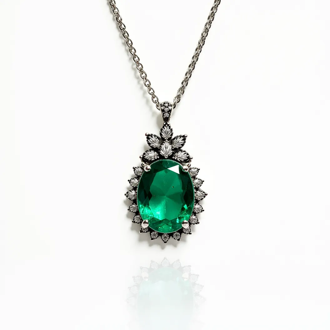 This emerald necklace features a striking, large oval-cut emerald as its centerpiece, exuding a vivid green hue. Surrounding the emerald, smaller round-cut white stones, likely diamonds, are arranged in an intricate halo setting that accentuates the central gem's brilliance. The stones are secured in a claw setting, adding to the necklace's luxurious design. The chain is likely made from a silver-hued metal, providing a sturdy yet elegant attachment for the pendant. Additionally, the clasp ensures secure fastening, completing this exquisite piece of jewelry.