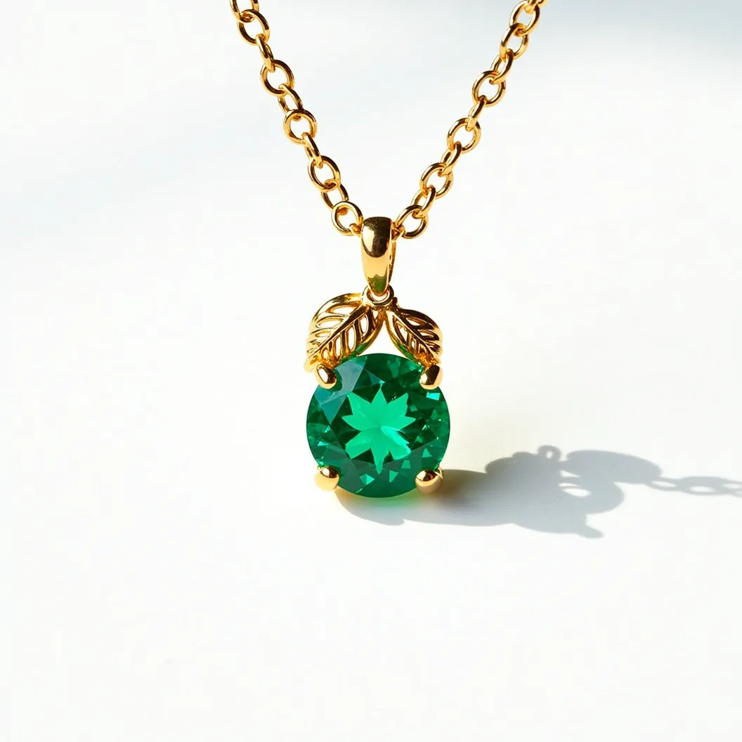 This emerald necklace features a striking, round-cut emerald set in a gold prong setting. The pendant design is accentuated by two decorative gold leaves, adding a touch of elegance. The chain is finely linked, made of a gold-colored metal, complementing the vibrant hue of the emerald. The necklace includes a simple clasp for secure attachment, blending functionality with sophistication.