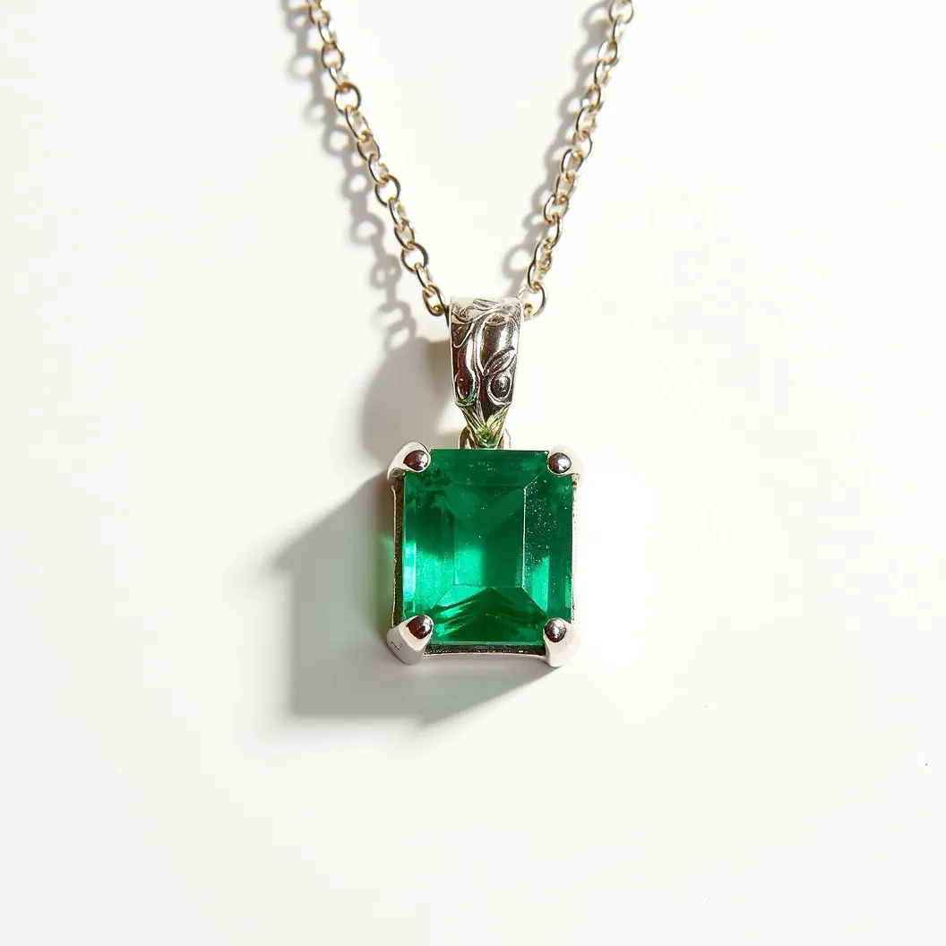 This emerald necklace features a vibrant, square-cut emerald set in a four-prong setting. The pendant is elegantly attached to a delicate gold chain, showcasing detailed engravings on the bail, adding a touch of sophistication. The emerald's rich green hue is highlighted by the simplicity of the gold setting, which emphasizes its natural beauty. The chain's subtle links provide a harmonious balance to the bold presence of the emerald pendant, creating a classic and timeless piece of jewelry.