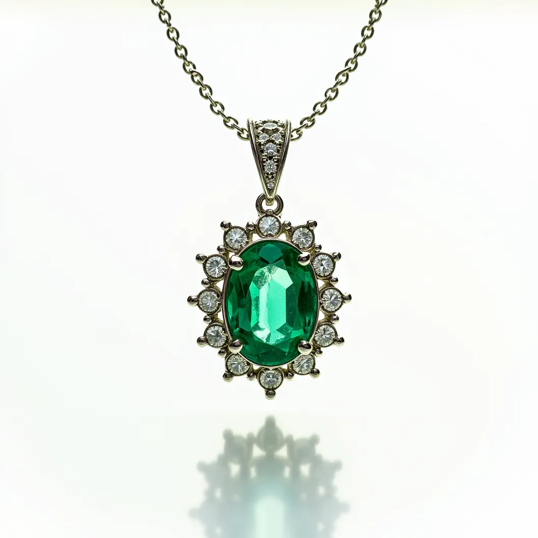 This emerald necklace features a prominent oval-cut emerald as its centerpiece, set in a classic claw setting. Surrounding the emerald is a halo of round brilliant-cut diamonds, each securely placed in its own setting, enhancing the vibrant green of the central stone. The pendant is attached to a delicate chain via a V-shaped bale, which is also adorned with a series of small diamonds, adding a subtle yet elegant sparkle. The choice of precious metals and gemstones complements the opulent design, making this necklace an exquisite piece of jewelry.