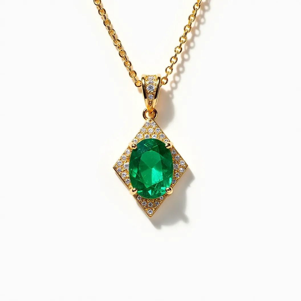 This emerald necklace features a striking oval-cut emerald gemstone as the centerpiece, set in a gold pendant. The pendant is designed in a rhombus shape and is adorned with small, shimmering diamonds arranged in a pavé setting, enhancing the brilliance of the central emerald. The pendant hangs from a delicate gold chain, which is crafted with a polished finish. The necklace is secured with a classic lobster clasp, ensuring both style and security. The combination of the rich green emerald, bright diamonds, and luxurious gold setting creates an elegant and timeless piece.