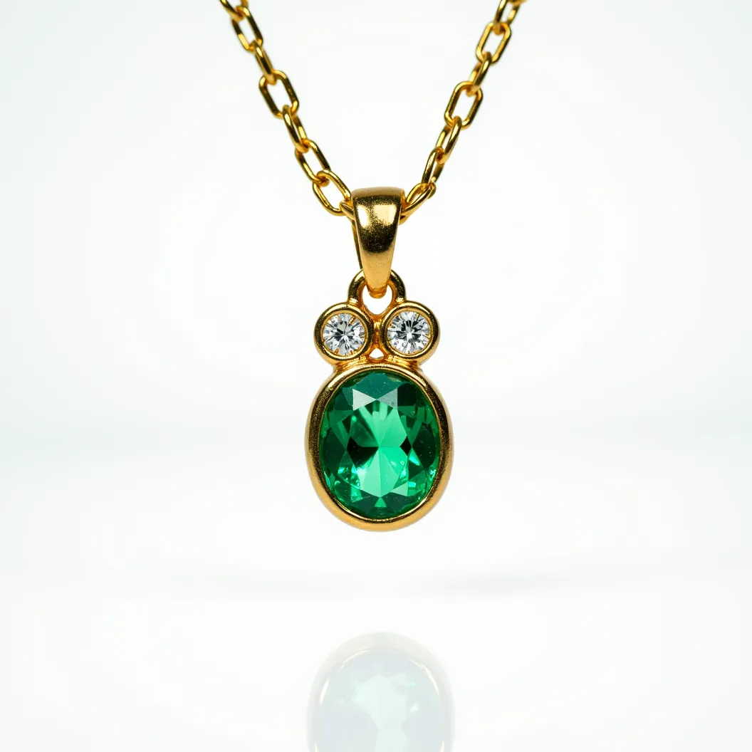 This emerald necklace features a striking pendant set in a glossy gold metal, showcasing a central oval-cut emerald that exhibits a vibrant green hue. The emerald is complemented by two round brilliant-cut diamonds, enhancing its elegance and sparkle. The stones are securely set in a bezel-style setting, adding a touch of sophistication to the overall design. The gold chain, with its polished links, provides a classic and luxurious feel, aligning perfectly with the pendant. The necklace is secured with a traditional lobster clasp, ensuring both safety and ease of use.