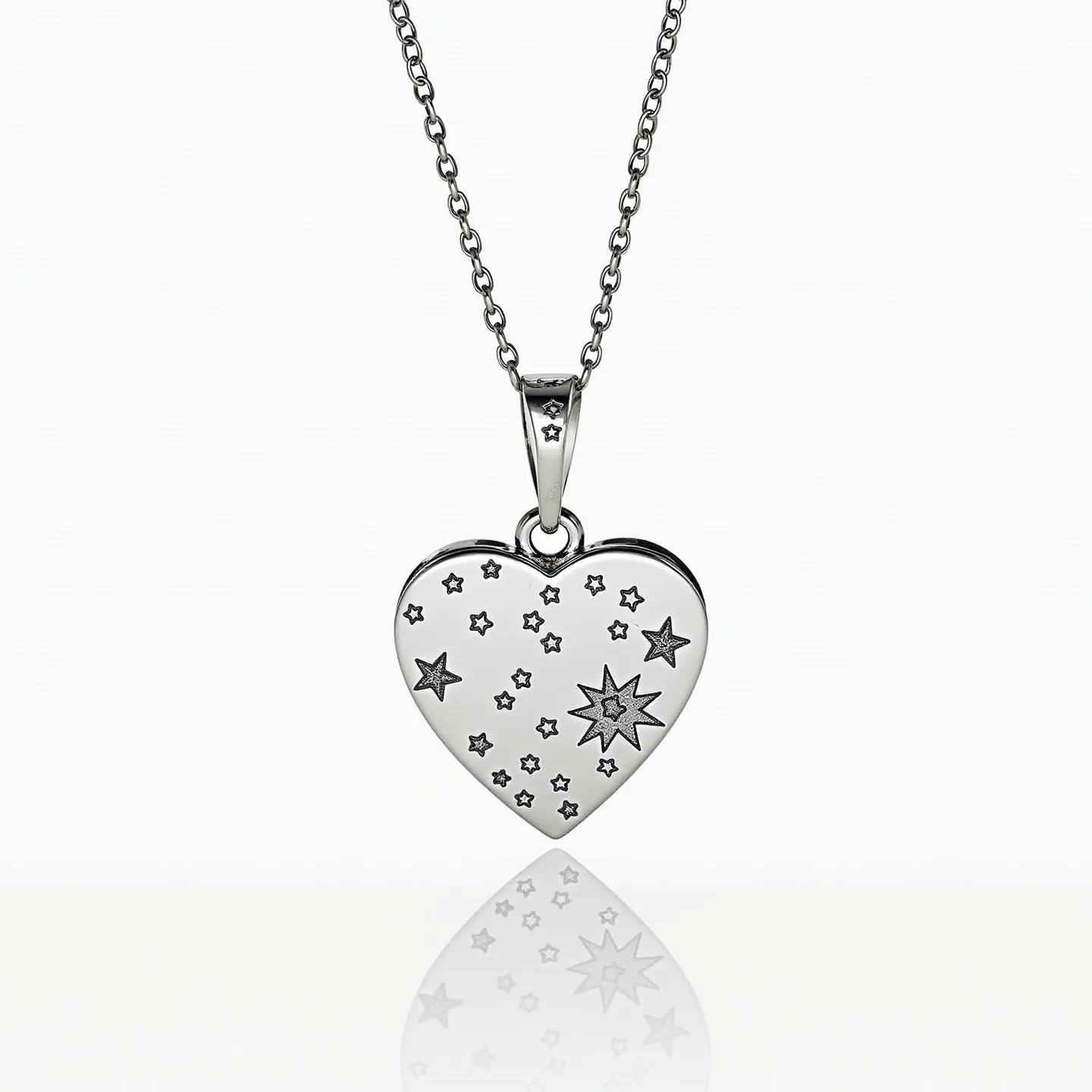 This engraved heart necklace features a beautifully polished metal heart-shaped pendant adorned with an array of engraved stars, creating a celestial motif. The pendant is attached to a sleek chain, likely crafted from a durable and shiny metal, such as sterling silver or stainless steel, enhancing its elegance. The chain is composed of small, uniform links that contribute to a refined appearance. The pendant is secured with a classic bail, providing smooth integration with the chain and ensuring a seamless look. The simplicity and charm of the design make it a versatile accessory suitable for various occasions.