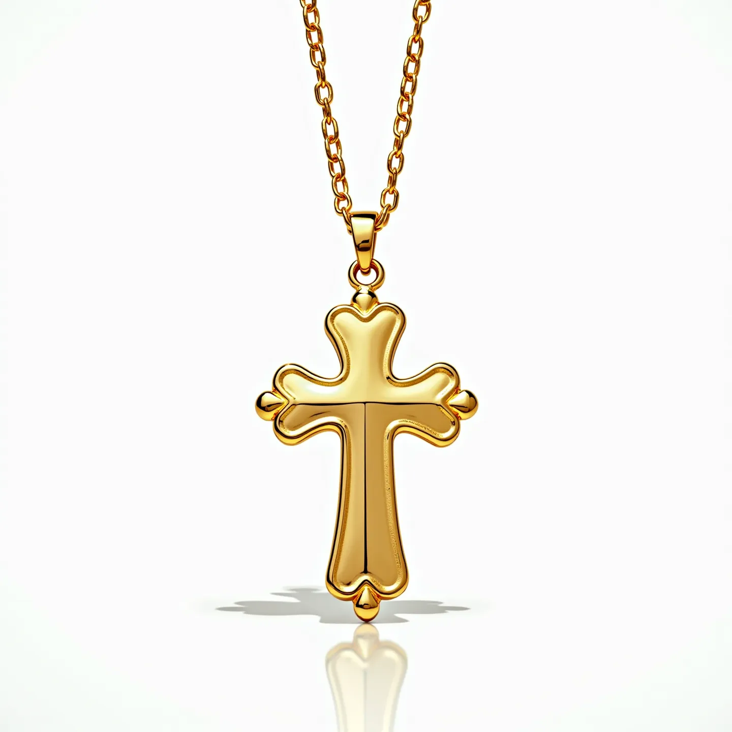 This faith necklace features a polished gold cross pendant with elegant curves and a reflective surface, hanging from a matching gold chain. The cross design is smooth and simple, focusing on its rich, shiny finish without any additional embellishments or gemstones. The necklace is secured with a classic lobster clasp, ensuring both functionality and style. The pendant is attached through a small, integrated bail that complements the overall design, offering a seamless and graceful appearance.