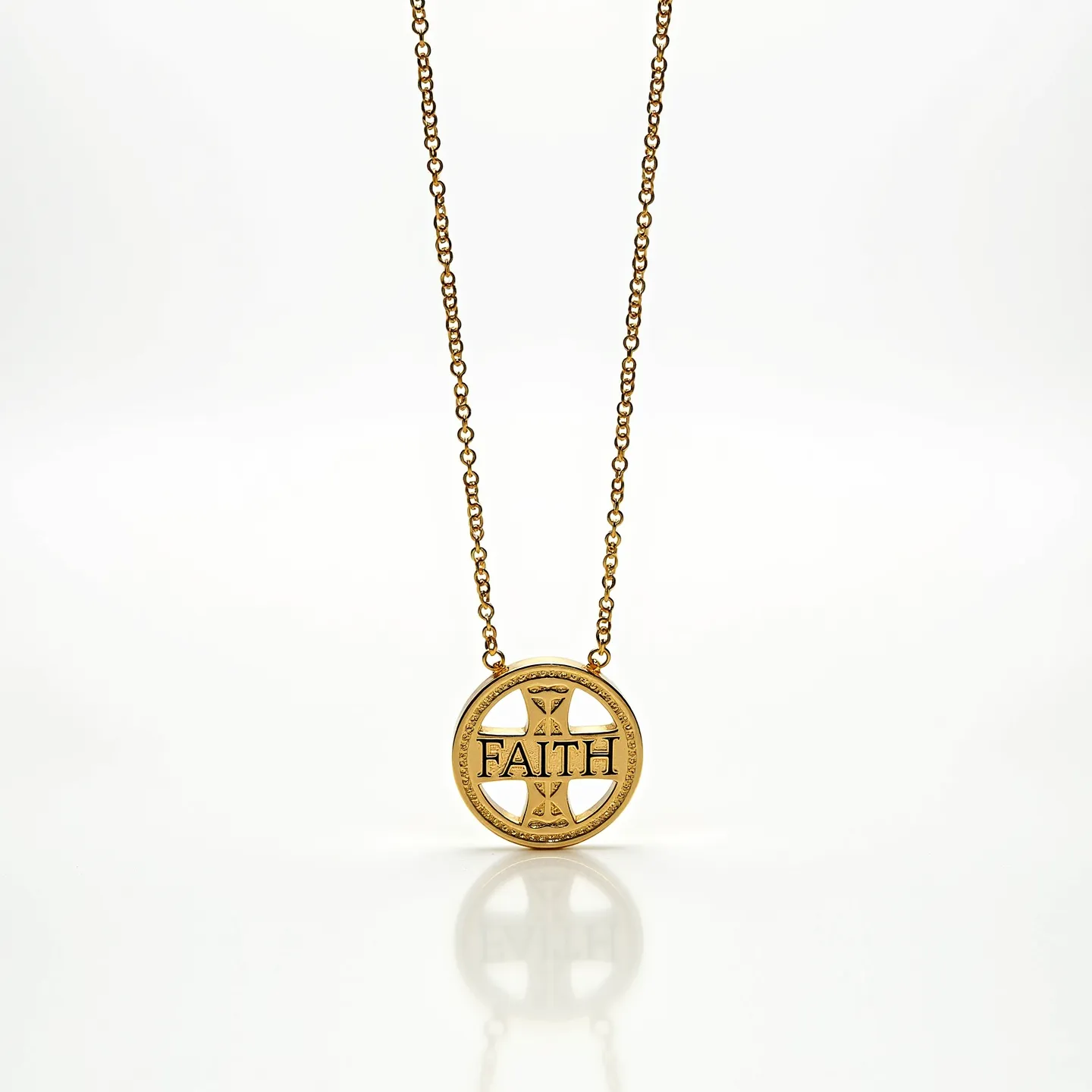 This faith necklace features a round pendant made of gold-toned metal, with an intricate cut-out design of a cross and the word "FAITH" prominently displayed at the center. The pendant is suspended from a matching gold-toned chain, consisting of small, interconnected links that contribute to its delicate appearance. Each link in the chain is uniform, enhancing the overall symmetry of the piece. The pendant is attached securely to the chain with small, unobtrusive loops that maintain the necklace's cohesive design. There are no visible gemstones, adding to the necklace's simple and elegant charm.