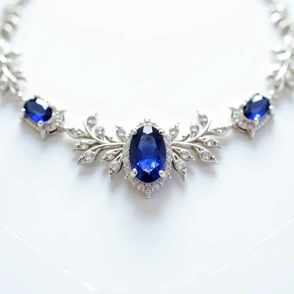 This gemstone necklace features prominent, oval-cut blue sapphires set in a detailed arrangement. The sapphires are surrounded by clusters of small, clear diamonds, accentuating their deep hue and adding a luxurious sparkle to the piece. The setting is crafted in a silvery metal, likely white gold or platinum, forming elegant leaf and vine motifs that connect the gemstones. The central sapphire is slightly larger, drawing attention and creating a focal point. The necklace is secured with an intricately designed clasp, ensuring both style and function.