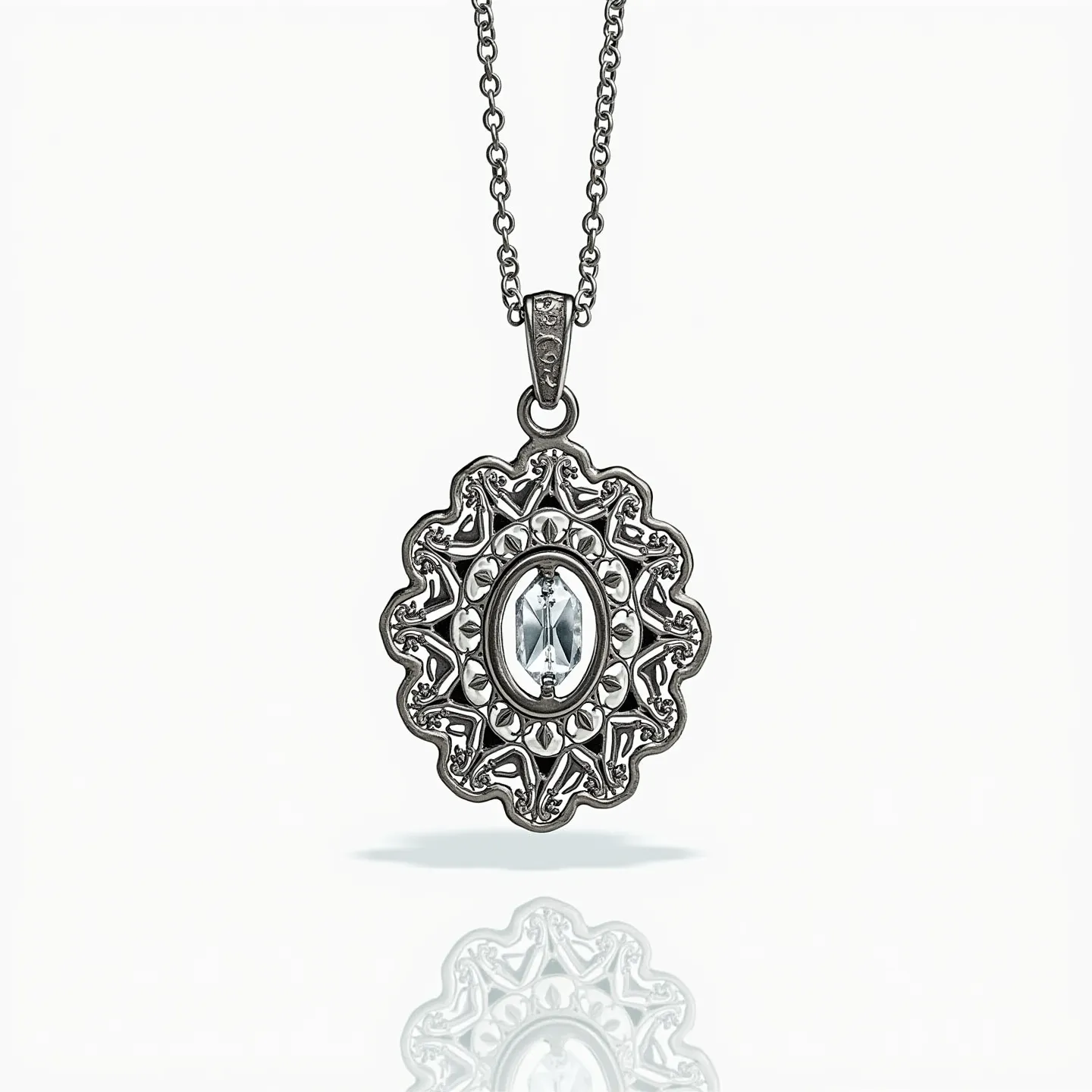 This gemstone necklace features a delicate silver chain that suspends an ornate pendant. The pendant showcases intricate metalwork in a floral-inspired design surrounding a central oval-shaped gemstone. The gemstone appears to be a clear quartz or aquamarine, cut in a faceted style to enhance its clarity and sparkle. The stone is securely held in place by a bezel setting that complements the overall vintage aesthetic. The pendant is attached to the chain by a sturdy bail, ensuring both stability and elegance in its presentation.