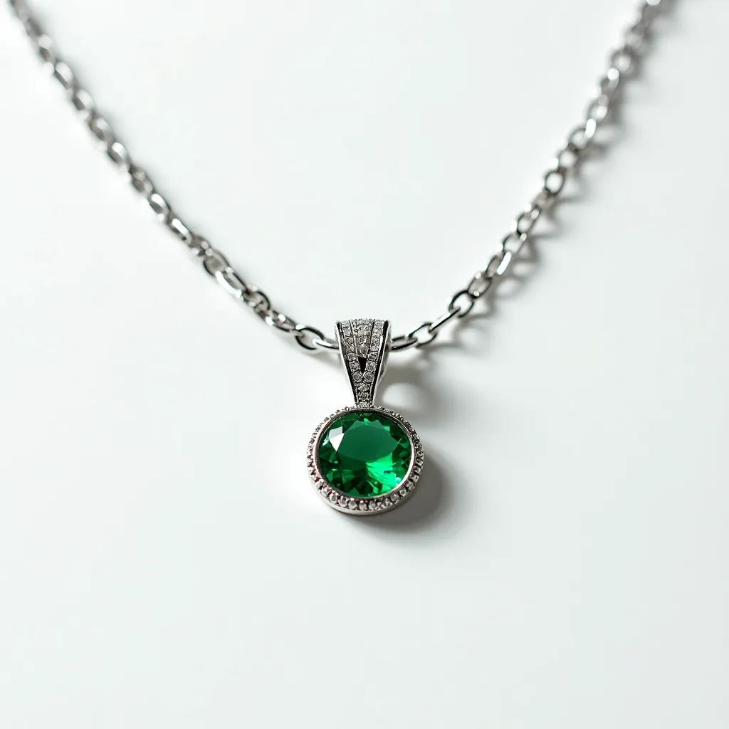 This gemstone necklace features a striking round-cut green stone, skillfully set within a halo of sparkling clear stones, adding an elegant contrast. The pendant is suspended from a sturdy metal chain, which enhances the overall sophistication of the piece. The setting appears to be meticulously crafted, providing both security and style to the central gem. The necklace is fastened with a classic clasp, ensuring it remains securely in place when worn.