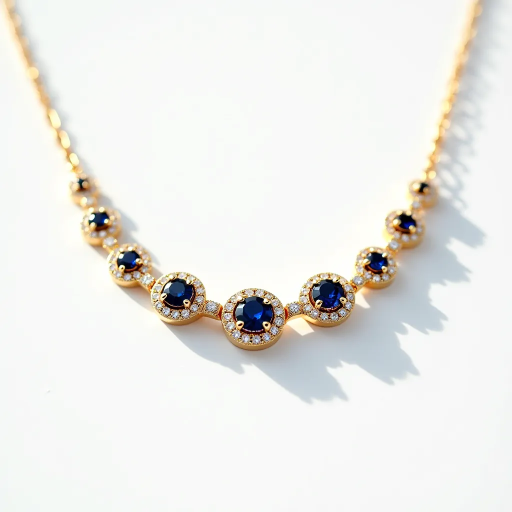 This gemstone necklace features a series of round-cut blue sapphires, each set within a halo of small, sparkling diamonds, emphasizing the brilliance of the central stones. The sapphires are mounted in an elegant bezel setting, surrounded by yellow gold that adds warmth to the design. Each stone and its surrounding halo are connected by delicate gold links that contribute to the overall sophistication of the piece. The necklace secures with a simple yet sturdy clasp, ensuring both elegance and functionality. The combination of blue sapphires, diamonds, and gold creates a striking and timeless look.