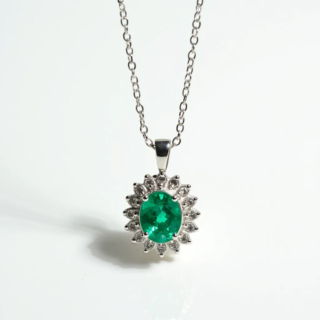 This gemstone necklace features an elegant design centered around an oval-cut green gemstone, likely an emerald, which acts as the focal point of the pendant. The stone is encircled by a halo of smaller, round-cut clear stones, possibly diamonds, set in a sparkling arrangement that accentuates the central gem. The pendant is attached to a delicate chain through a polished metal bail, which complements the overall elegant appearance. The chain appears to be made of a coordinating metal, possibly white gold or platinum, enhancing the piece's luxurious appeal.