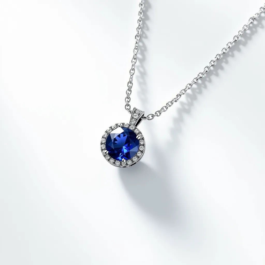 This gemstone necklace features a stunning round-cut sapphire at its center, known for its deep blue hue, elegantly framed by a halo of smaller clear stones that resemble diamonds. The sapphire is securely held in a polished metal setting, likely silver or white gold, which reflects an understated elegance. The pendant is gracefully suspended from a fine chain, which matches the pendant's metal, complementing the overall sleek design. For closure, the necklace includes a classic clasp mechanism, ensuring both style and security.