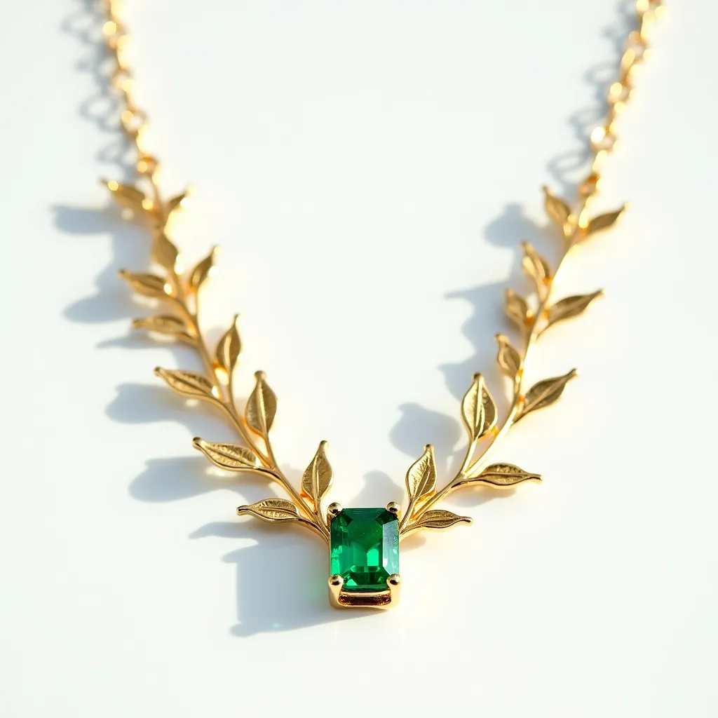 This gemstone necklace features an intricately designed gold chain with leaf motifs, exuding an elegant and nature-inspired aesthetic. At its center is a vibrant green gemstone, likely an emerald, cut into a classic emerald shape, which adds a stunning focal point to the piece. The gemstone is securely held in place with a four-prong setting that complements its rectangular facets. The necklace showcases meticulous craftsmanship, with the leaves delicately sculpted to provide a harmonious blend with the central gemstone. The attachment mechanism appears to ensure both security and ease of wearing, enhancing the necklace's overall functionality and style.