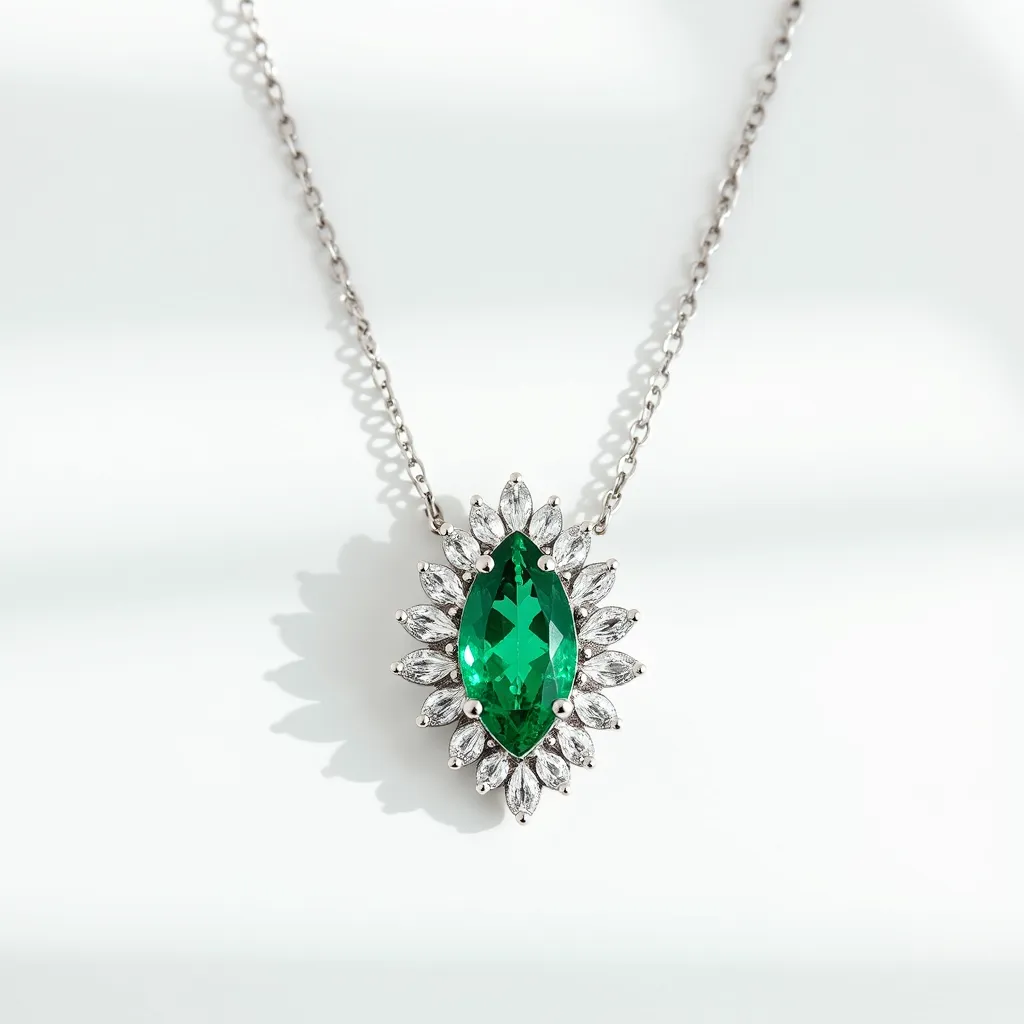 This gemstone necklace features a striking emerald-green marquise-cut stone at its center, surrounded by a halo of clear, marquise-shaped stones that resemble diamonds. The central gem is set in a secure claw setting, highlighting its vibrant hue and elegant shape. The surrounding stones are securely aligned, providing a radiant contrast to the centerpiece. The pendant is attached to a fine metal chain, likely made from a silver or platinum-like material, enhancing the necklace's overall elegance and sophistication. The complementary materials and craftsmanship contribute to a classic yet luxurious appearance.