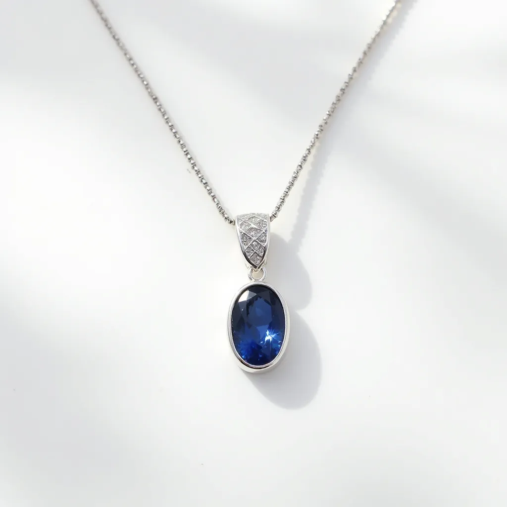 This gemstone necklace features a striking oval-shaped blue stone, likely a sapphire, which is expertly cut to enhance its brilliance and color. The sapphire is set in a classic bezel that firmly holds the gem, allowing its deep blue hue to shine prominently. The pendant hangs elegantly from a fine chain, made of a polished silver material, which complements the cool tones of the sapphire. The pendant's bail is intricately designed with a lattice-like pattern, adding a touch of sophistication and detail. The necklace is secured with a subtle clasp, ensuring both security and style.