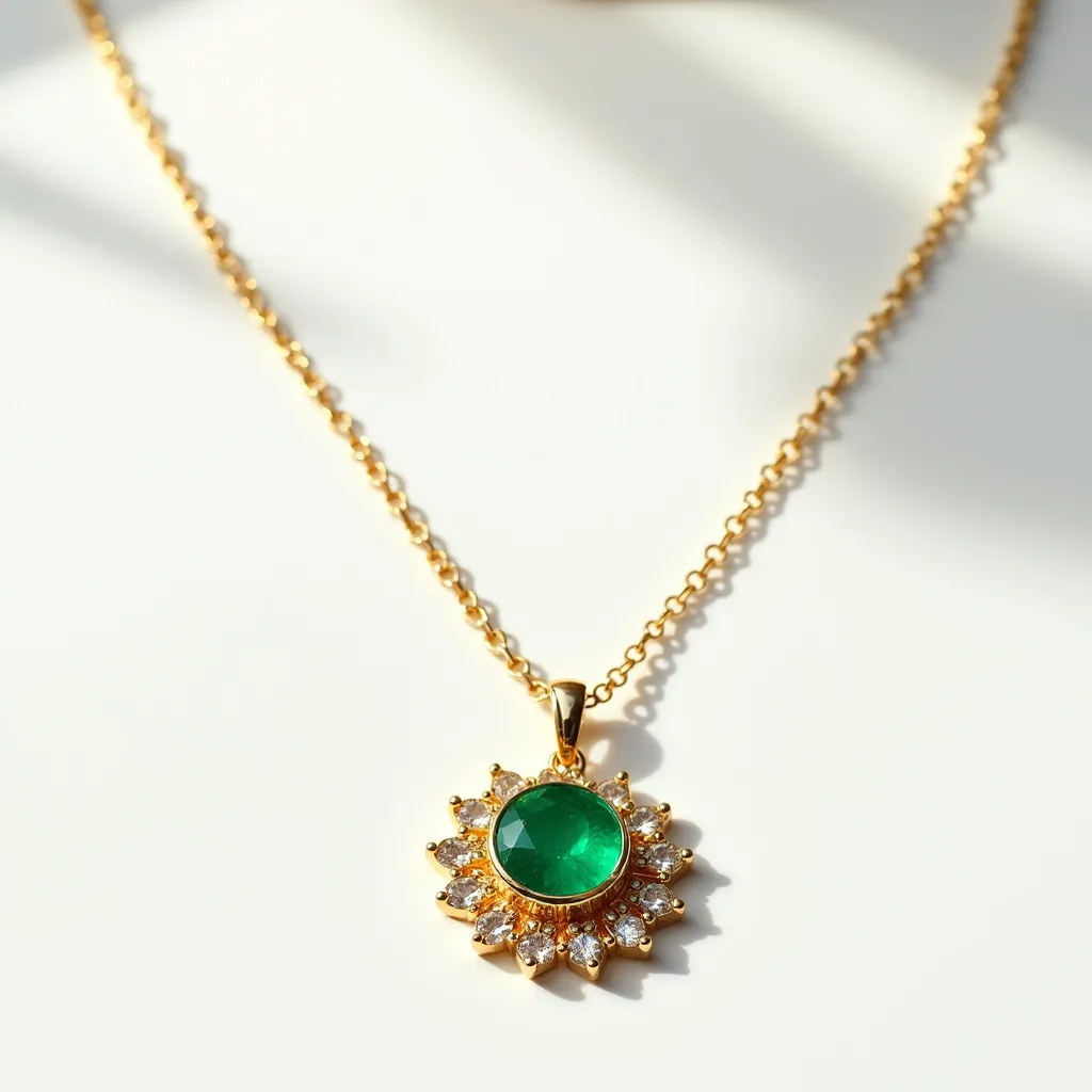 This gemstone necklace features an elegant design with a prominent round-cut green gemstone at its center, surrounded by smaller clear stones arranged in a sunburst pattern. The setting is crafted from a metal that resembles gold, enhancing the necklace's luxurious appearance. The pendant hangs from a delicate gold-toned chain, which adds to its sophisticated look. The necklace is likely secured with a standard clasp, ensuring easy wear and removal.