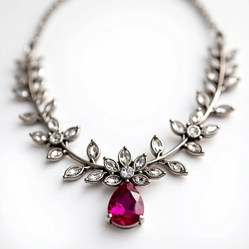 This gemstone necklace showcases a stunning combination of metals and stones, featuring a prominent pear-shaped ruby set as the focal point. The ruby is securely held within a prong setting, adding elegance to the overall design. Surrounding the centerpiece, the necklace is adorned with arrangements of marquise cut clear gemstones, likely diamonds or a similar precious stone, creating intricate floral motifs. These gems are set in a detailed metal framework, enhancing the luxurious appearance of the piece. The necklace likely includes a secure clasp, seamlessly integrated into the design to ensure both functionality and aesthetic continuity.