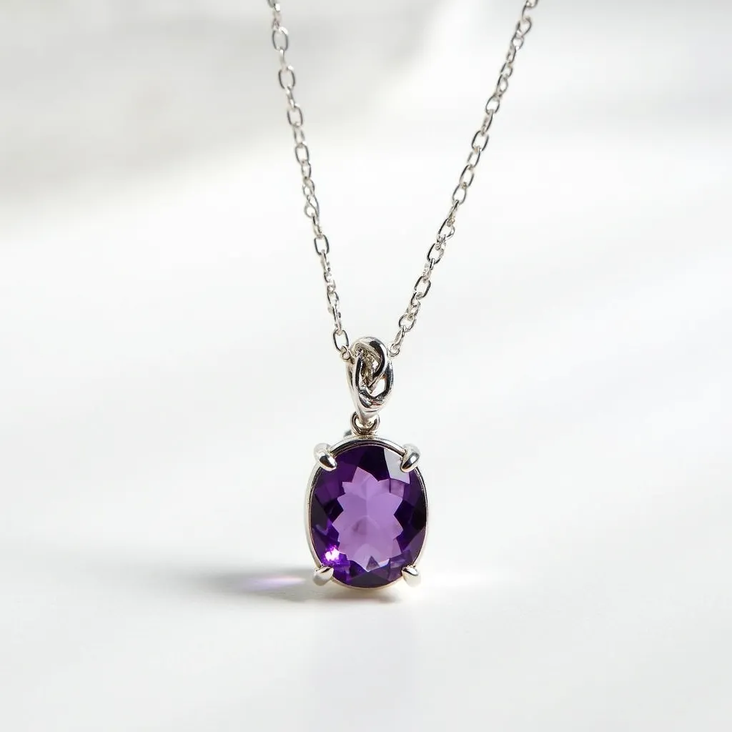 This gemstone necklace features a delicate silver chain that supports an elegant pendant showcasing an oval-cut amethyst. The gem is securely held in place by a classic prong setting, which allows maximum light to enhance its vibrant purple hue. The pendant is attached to the chain through an ornate bail that complements the overall design of the piece. The necklace closes with a simple but secure clasp, ensuring ease of wear while highlighting the beauty of the amethyst centerpiece.