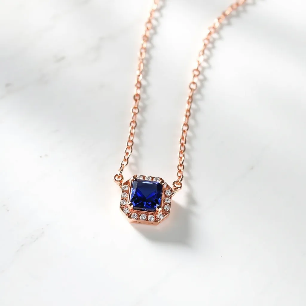 This gemstone necklace features a striking, square-cut blue gemstone set in a refined rose gold setting. Surrounding the central gem is a halo of small, round-cut clear stones, likely diamonds or crystals, which enhance the necklace's elegant design. The rose gold chain complements the pendant beautifully, adding a warm contrast to the deep blue of the central stone. The chain connects seamlessly to the pendant, emphasizing the overall sophistication of the piece. A standard clasp likely secures the necklace, ensuring both style and functionality in its design.