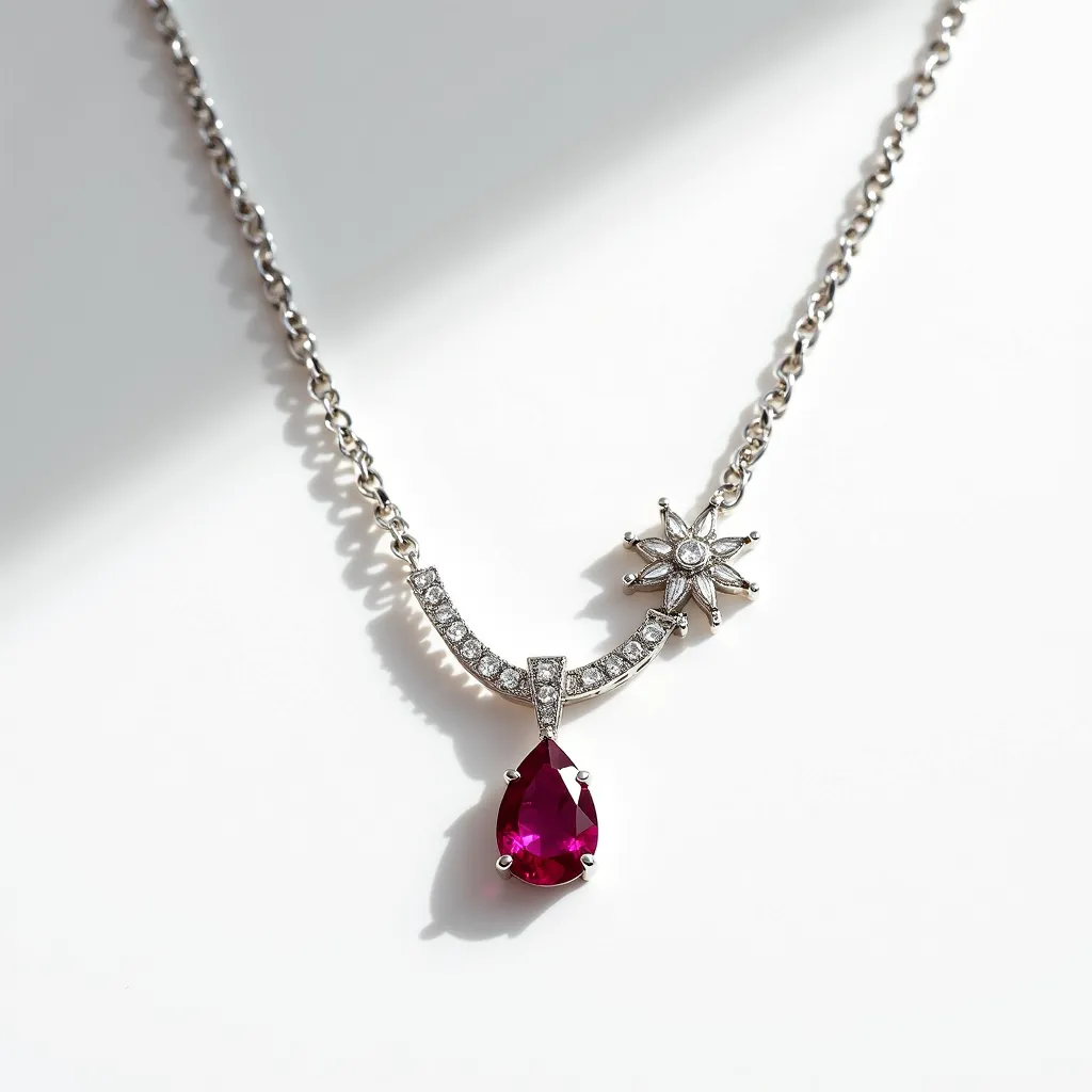 This gemstone necklace features a delicate chain crafted from a silver or white gold material, enhancing its elegant appearance. The focal point is a striking pear-shaped red gemstone, likely a ruby, which is set in a prong setting to secure the stone and showcase its brilliance. Adjacent to the gemstone is a unique design element resembling a starburst, encrusted with small, round-cut clear stones, possibly diamonds, which add a touch of sparkle and sophistication. The arrangement is both modern and classic, creating a balanced and harmonious aesthetic. The necklace is designed with attention to detail, highlighting the interplay between the rich red gemstone and the shimmering white metal.