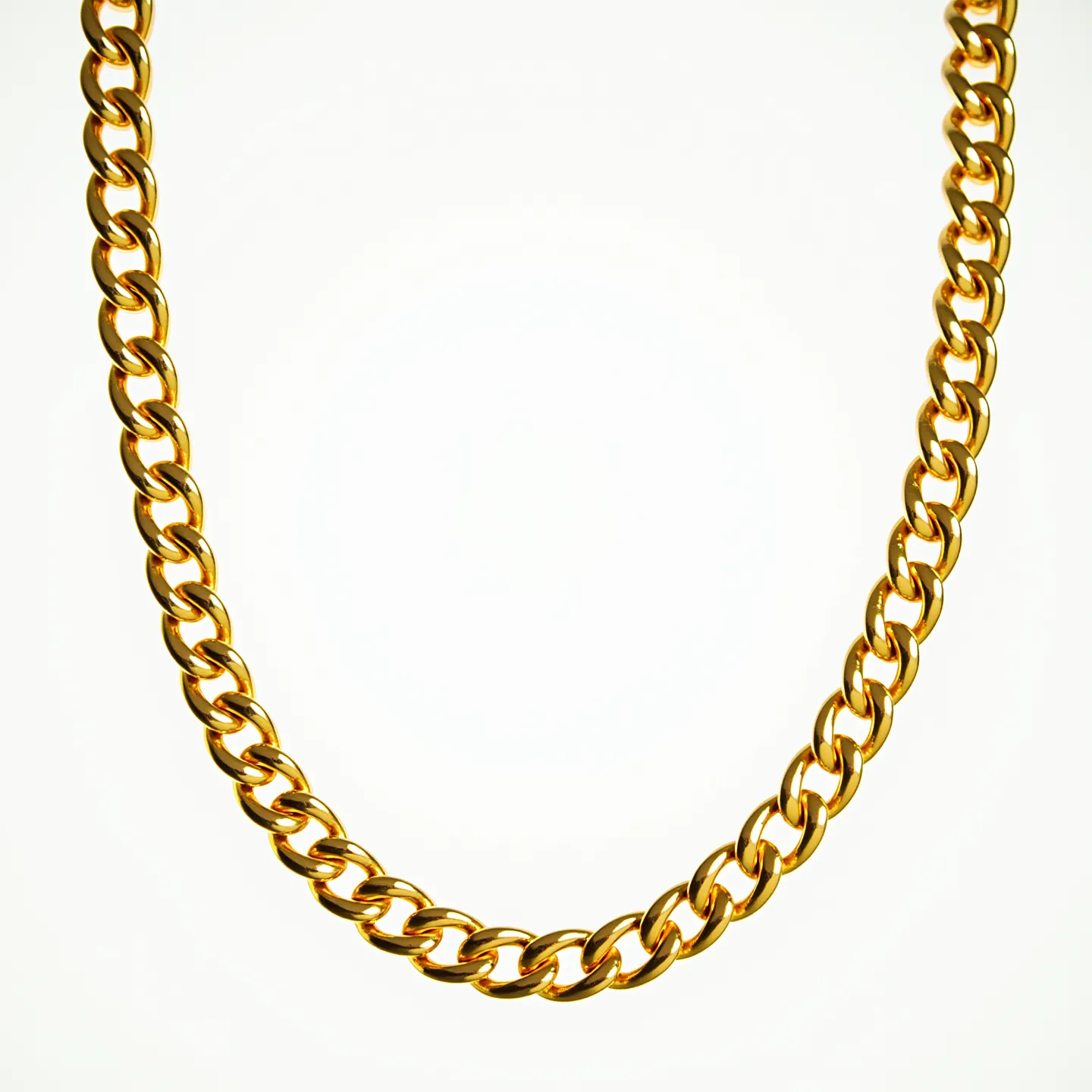 This gold chain features a classic curb link design, which consists of uniform interlocking links. The chain is made of polished gold, giving it a bright and reflective finish. There are no visible gemstones or additional embellishments on the chain. It likely includes a clasp at the back, typical of such designs, although it is not visible in this view.