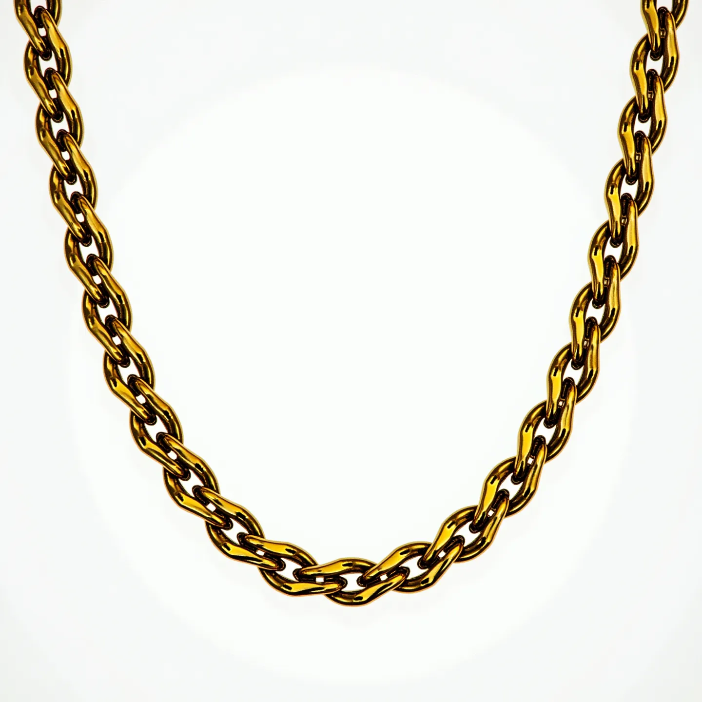 This gold chain features a classic, polished link design, creating a smooth and shiny appearance typical of high-quality gold jewelry. The links interlock in a sturdy pattern, suggesting durability and a traditional aesthetic. There are no visible gems, stones, or additional ornamental features attached to the chain. The chain appears to be made entirely of gold, offering a rich and uniform color that enhances its elegant simplicity. A clasp or other attachment is not visible from this perspective, but the chain likely includes a secure fastening mechanism typical of similar jewelry pieces.