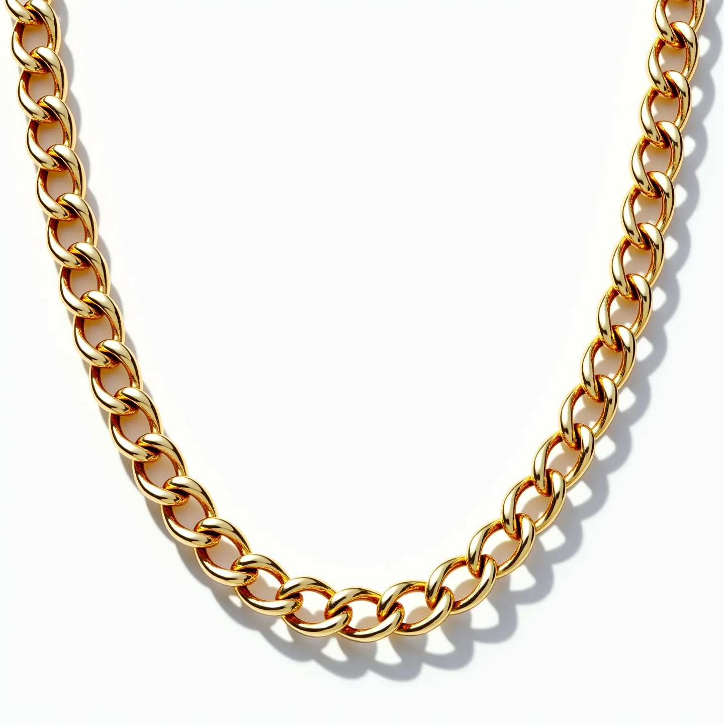 This gold chain necklace is composed of interlocking links that exhibit a polished, reflective surface, showcasing the rich, yellow hue characteristic of gold. The links are uniform in size, providing a consistent and aesthetically pleasing pattern. There are no visible gemstones or additional embellishments within the design, emphasizing the simplicity and elegance of the gold itself. The necklace is likely fastened with a standard clasp typically used in such designs, though it is not visible here. The overall craftsmanship highlights the luxurious appeal of the chain through its well-crafted and seamless links.