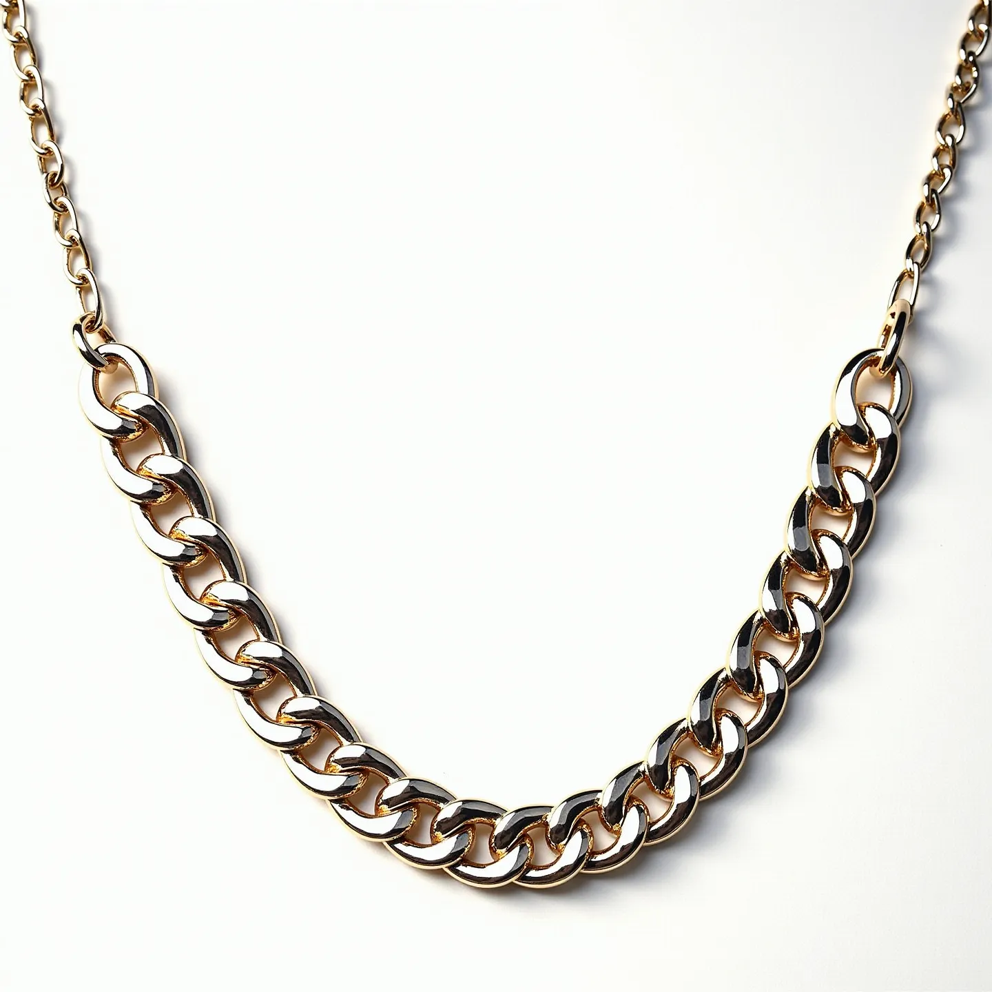 This gold chain necklace features a series of interlocking links, each polished to a high shine, showcasing the rich luster typical of gold. The design is elegant and minimalistic, highlighting the classic appeal of a chain necklace without embellishments. Each link is smoothly rounded, giving the necklace a fluid, continuous appearance. The clasp or attachment, though not visible, is likely designed to seamlessly blend with the chain's aesthetic, ensuring both style and security.