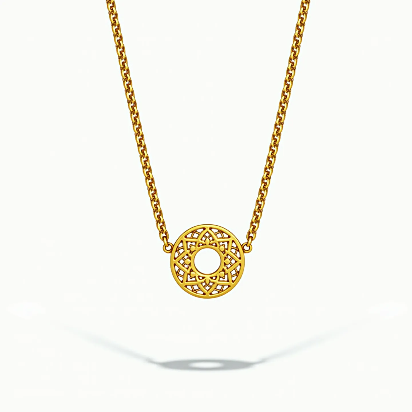 This gold circle necklace features a beautifully intricate pendant with a lattice-like design, showcasing a central circular motif. Made from a warm-toned gold, the necklace demonstrates a sophisticated elegance. The pendant is suspended from a fine yet sturdy gold chain, adding to its delicate appearance. There are no visible gems or stones set within the pendant, focusing the attention on the intricate metalwork. The necklace likely closes with a traditional clasp mechanism, ensuring secure wearability and ease of use.