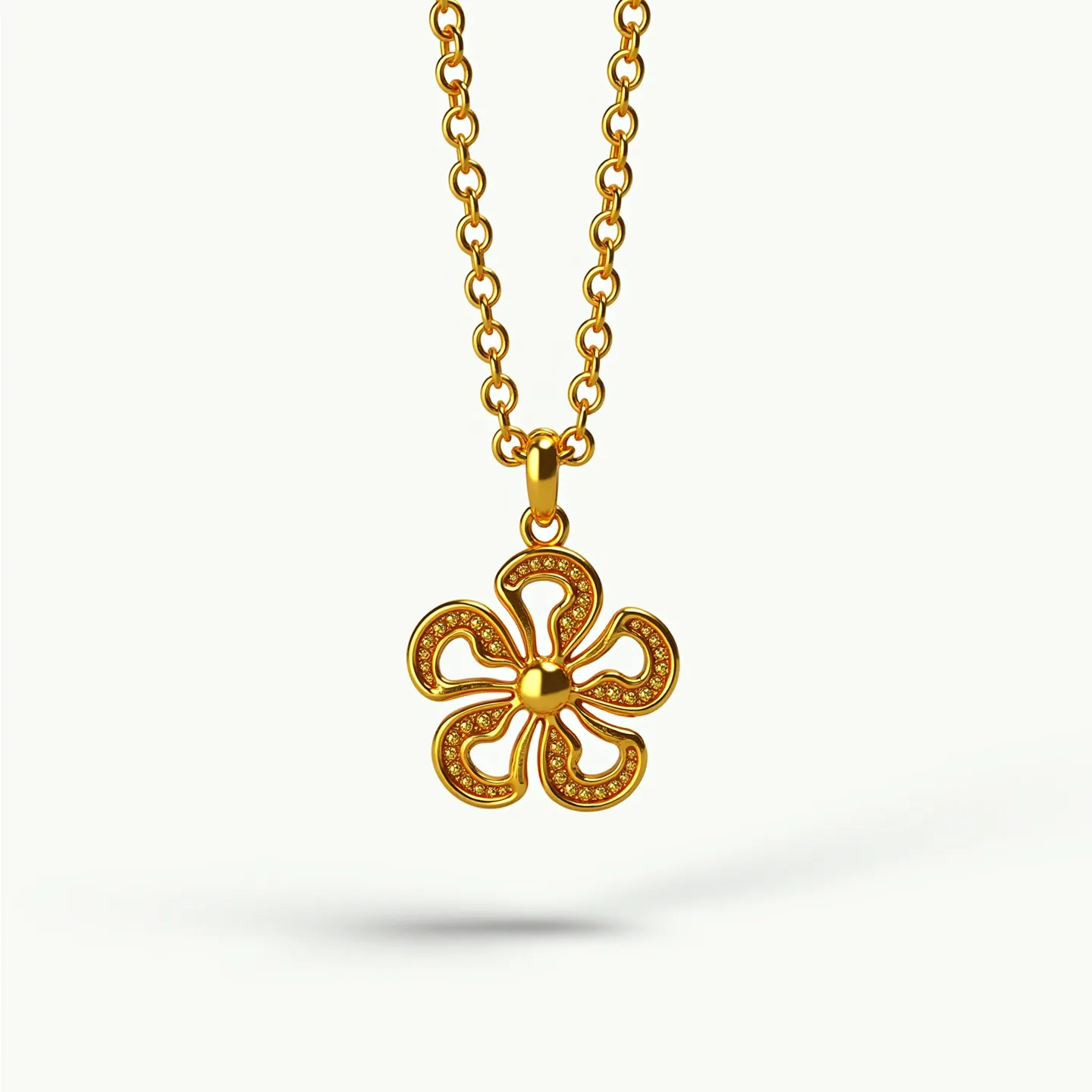 This gold flower necklace features an elegant floral pendant crafted from rich yellow gold, showcasing a sleek polished look. The flower design comprises five rounded petals, each gracefully connected at the center, providing a harmonious and symmetrical appearance. Embedded within the contours of the petals are small gemstones, likely diamonds or cubic zirconia, adding a touch of sparkle and sophistication. The stones seem to be in a pave setting, which enhances their visibility and brilliance. The pendant is suspended from a robust gold chain that complements the pendant's design, connected seamlessly via a small, sturdy bail that ensures secure attachment. The necklace is completed with a lobster clasp, known for its reliability and ease of use, providing a secure fit for the wearer.