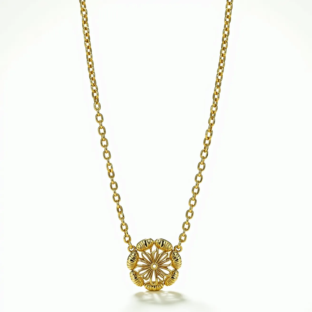 This gold flower necklace features a beautifully crafted floral pendant as the centerpiece. The pendant is intricately designed with petal-like structures radiating from the center, highlighted by a polished finish that enhances its elegant appearance. The pendant is attached to a chain composed of interlocking links, providing a seamless and stylish connection. The necklace is primarily made of gold, giving it a luxurious and timeless appeal. It is fastened with a secure clasp, ensuring ease of wear while maintaining its elegant design.