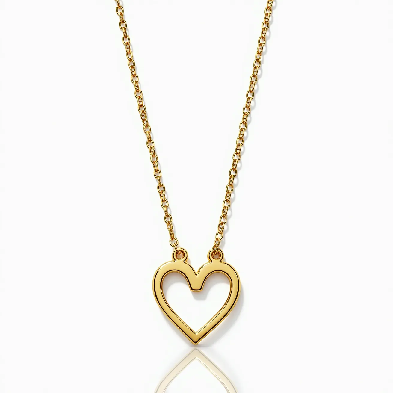 This gold heart necklace features a delicate chain linked to an open heart pendant. Made entirely of a polished, shining gold, the heart shape is simple yet elegant, emphasizing its smooth and clear design. The attachment is seamless, with two small loops connecting the pendant to the chain, ensuring it hangs gracefully. The necklace includes a standard lobster clasp, offering both security and ease of use. The piece embodies classic and timeless style, ideal for a variety of occasions.