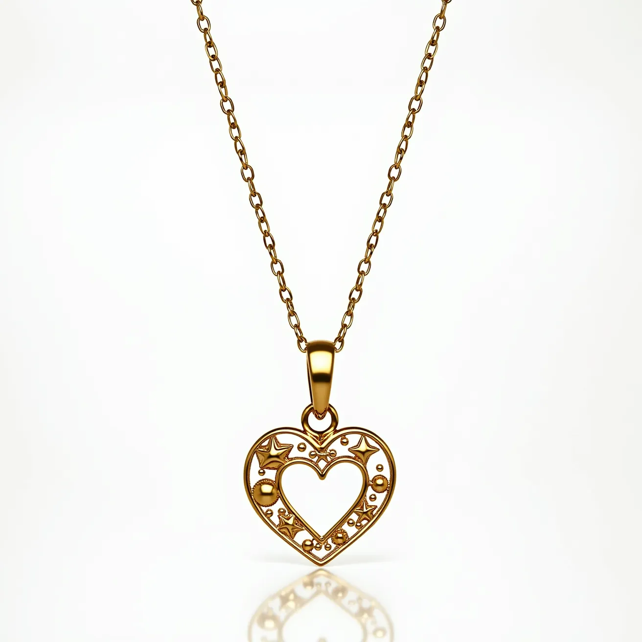 This gold heart necklace features a pendant made of polished gold, with intricate cut-out designs that include star shapes and small round embellishments. The pendant is attached to a delicate gold chain via a lustrous gold bail. The craftsmanship highlights a detailed open-heart design that allows light to play through the pendant. The chain is composed of evenly spaced, petite oval links, providing a classic and elegant appearance. The necklace likely includes a simple clasp mechanism for easy wearing, typical of fine jewelry pieces.