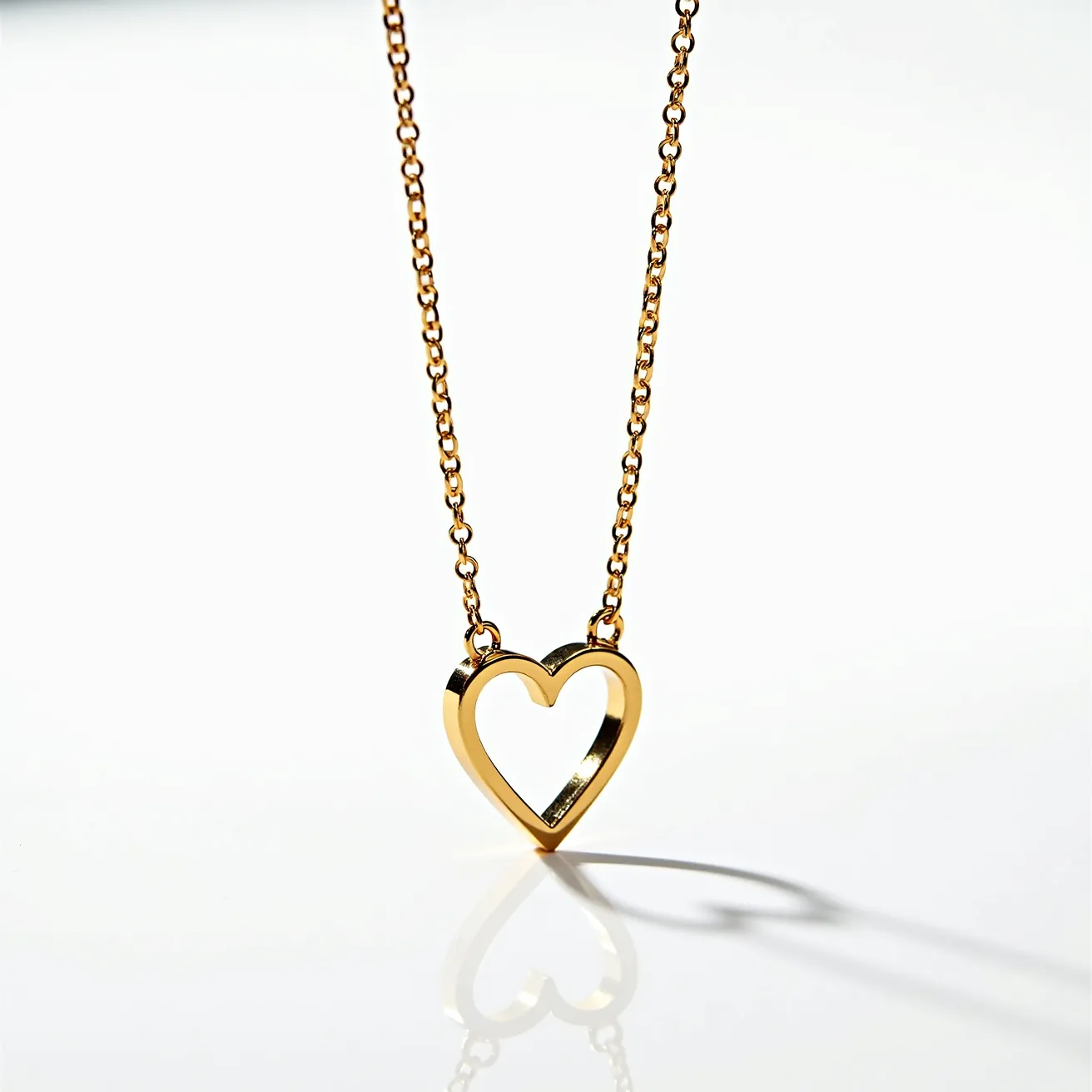 This gold heart necklace features a delicate, open-heart pendant crafted from yellow gold, which hangs elegantly from a fine gold chain. The pendant is polished to a high shine, accentuating its smooth, rounded edges and simple yet graceful design. The chain appears to be a classic cable style, complementing the pendant with its consistent links and understated elegance. At the top of the pendant, a subtle bail connects it seamlessly to the chain. The necklace is likely secured with a standard spring ring or lobster clasp, ensuring a secure and comfortable fit. Overall, the piece embodies a timeless and minimalist aesthetic, suitable for various occasions.